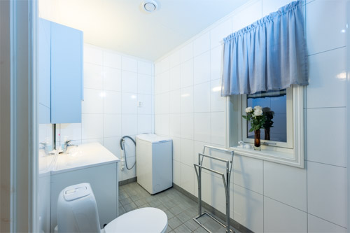 The bathroom sink and washer